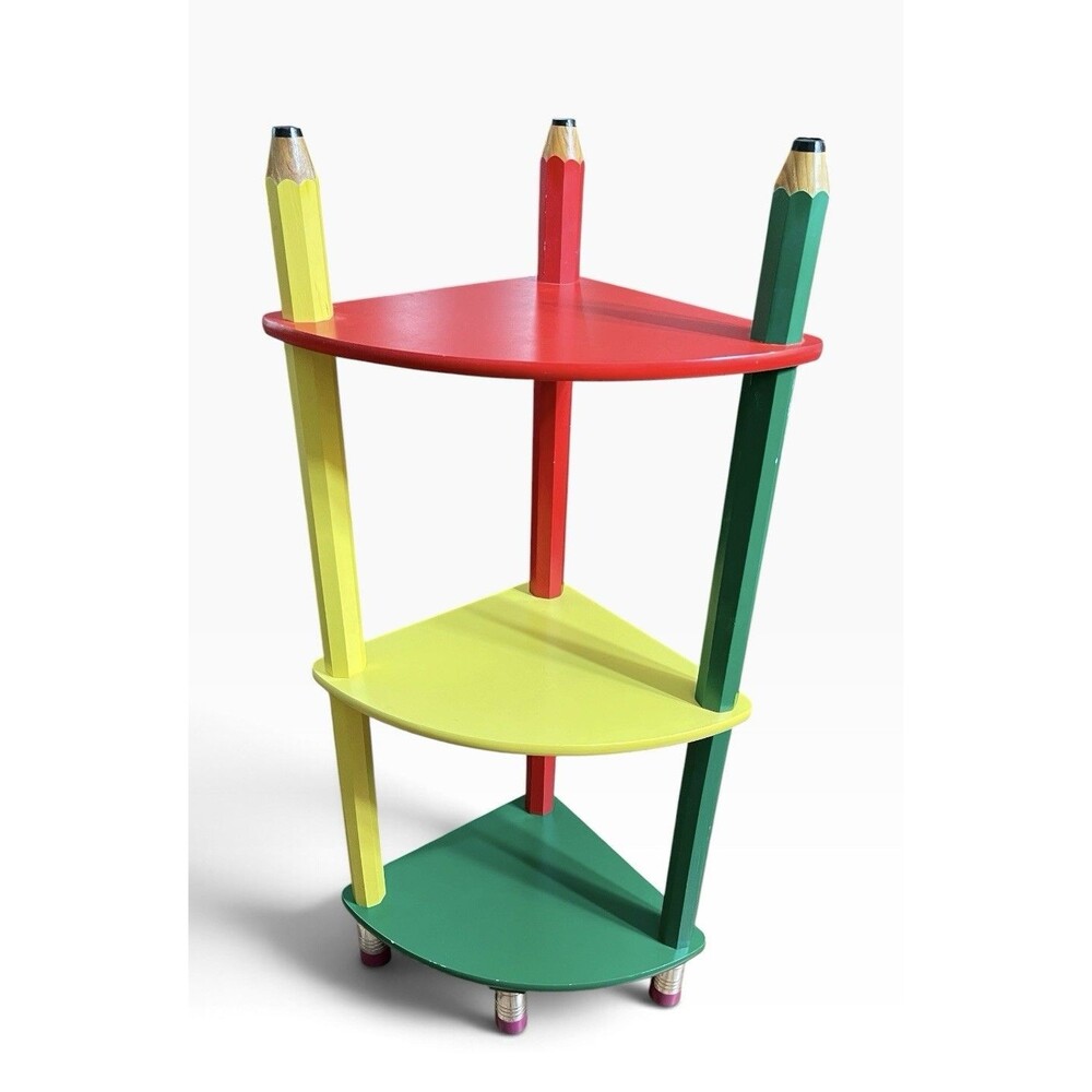 3-Tier Triangle Corner Shelf, Freestanding Wood, Multicolor Pencil Post Design